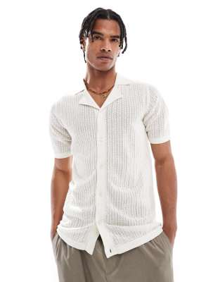 Threadbare - Camicia in maglia traforata bianca con bottoni - view 1
