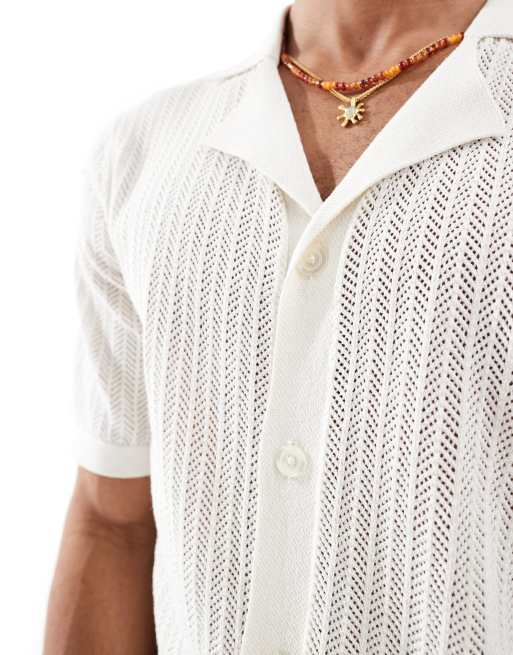 Threadbare - Camicia in maglia traforata bianca con bottoni, 3 di 4
