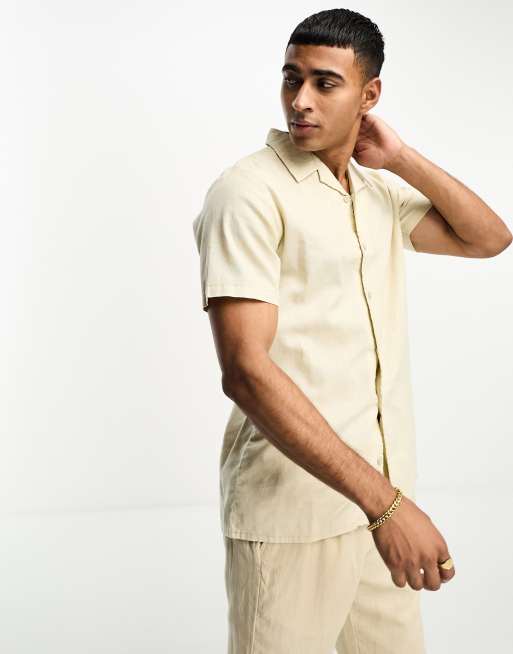Threadbare - Camicia in misto lino color pietra con rever in coordinato