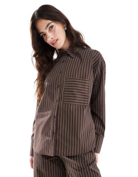 Threadbare - Camicia oversize marrone a righe in coordinato - view 1
