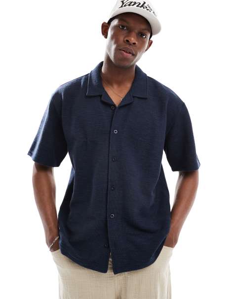 Threadbare - Camicia testurizzata a maniche corte blu navy in jersey - view 1