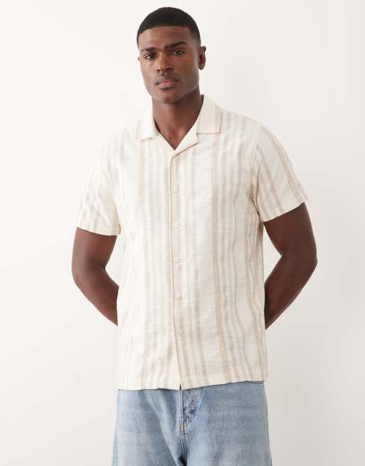 Threadbare - Camicia testurizzata a maniche corte in cotone color pietra ed écru a righe