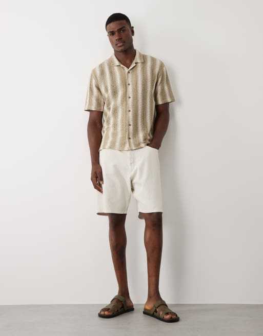Threadbare - Camisa a rayas color piedra y color crudo de manga corta de tejido texturizado de mezcla de algodón, 2 de 5