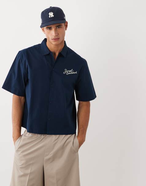 Threadbare - Camisa azul marino de manga corta con estampado gráfico de atardecer de 100% algodón - view 1