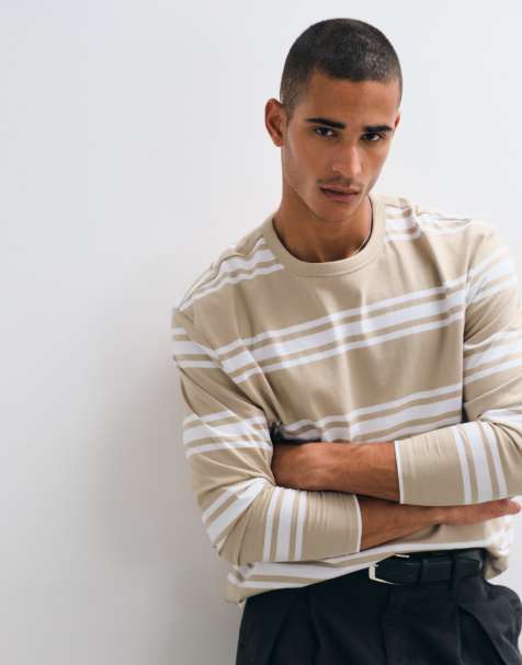 Threadbare - camiseta de manga larga a rayas en beige y blanco - view 1