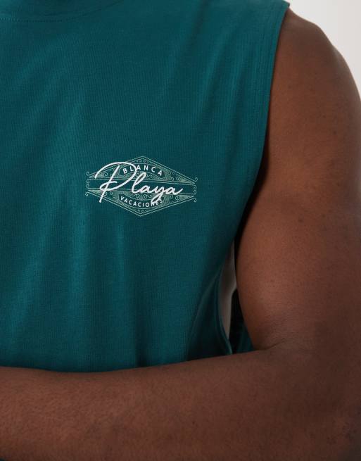 Threadbare - Camiseta verde holgada sin mangas con estampado gráfico playero, 4 de 5