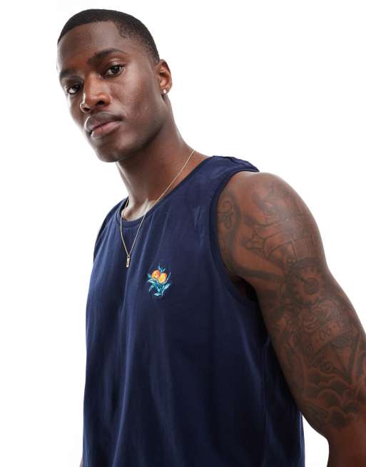 Threadbare - Canotta blu navy con arance ricamate 