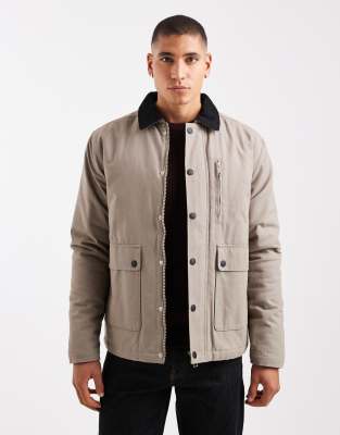 Canvas-Jacke in Pilzbraun mit Vordertaschen und Kontrastkragen-Neutral Neutral 2XL