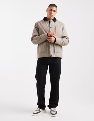 Threadbare Canvas Jacket With Front Pockets And Contrast Collar In Neutral