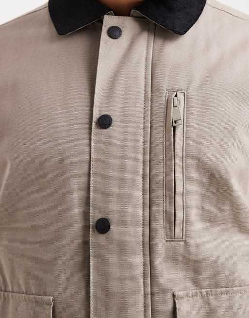 Threadbare canvas jacket with front pockets and contrast collar in mushroom, 5 of 5