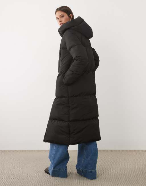 Threadbare - Cappotto lungo imbottito nero con cappuccio e tasche sul davanti, 4 di 4