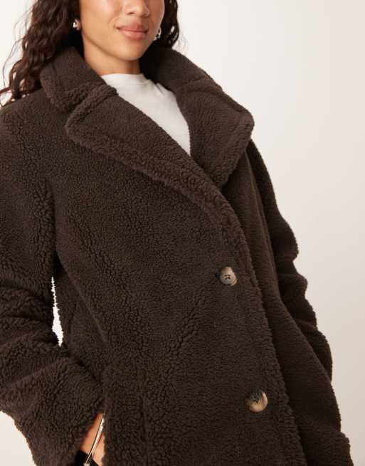 Threadbare - Cappotto lungo in pile borg marrone cioccolato, 3 di 4