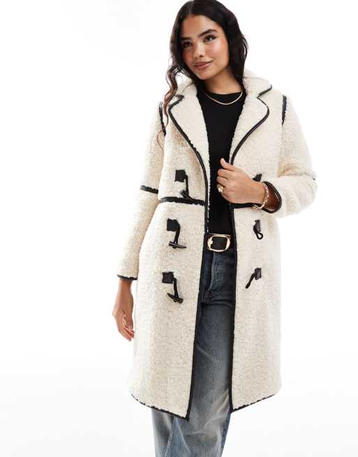 Threadbare - Cappotto taglio lungo in pile borg crema con finiture a contrasto