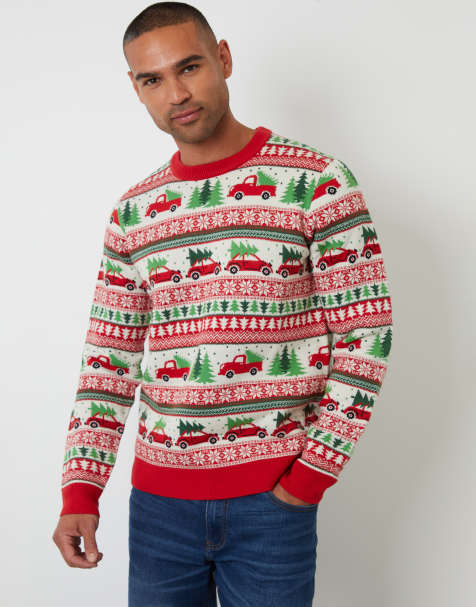Threadbare Car fairisle knitted crew neck christmas jumper in natural - view 1