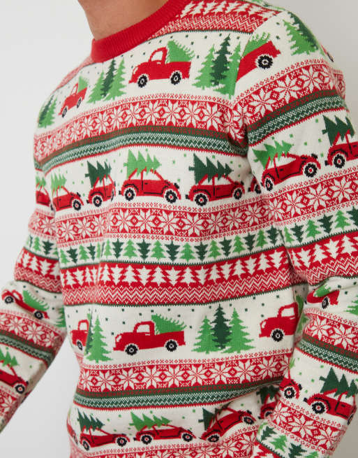 Threadbare Car fairisle knitted crew neck christmas jumper in natural, 2 of 4
