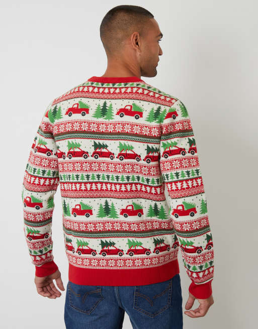 Threadbare Car fairisle knitted crew neck christmas jumper in natural, 3 of 4