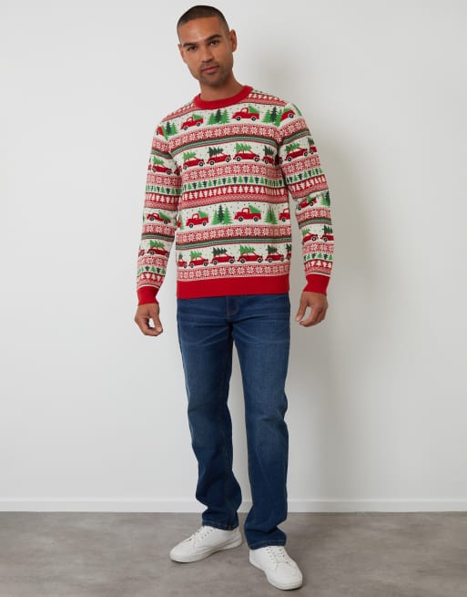 Threadbare Car fairisle knitted crew neck christmas jumper in natural, 4 of 4