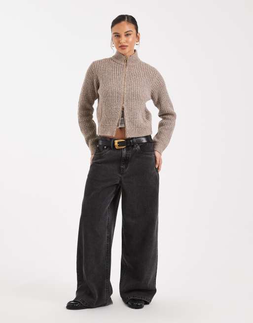 Threadbare - Cardigan bomber color biscotto con zip bidirezionale, 3 di 4