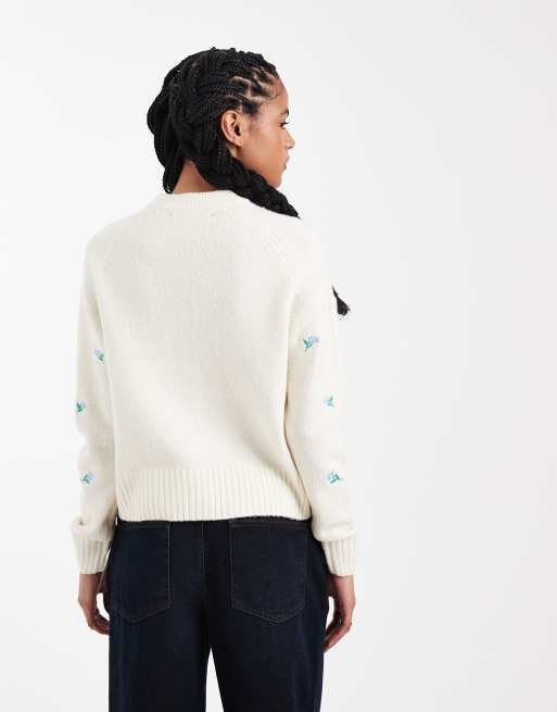 Threadbare - Cardigan écru con cuciture a contrasto e ricamo floreale, 4 di 4
