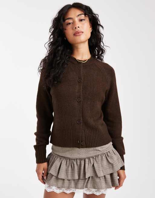 Threadbare - Cardigan girocollo marrone cioccolato con bottoni, 4 di 4