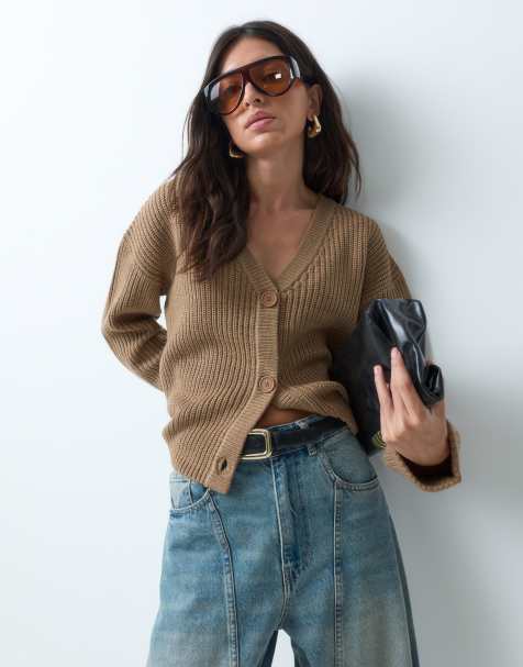 Threadbare cárdigan oversize con cuello de pico y detalle de puños anchos vueltos en beige tostado - view 1