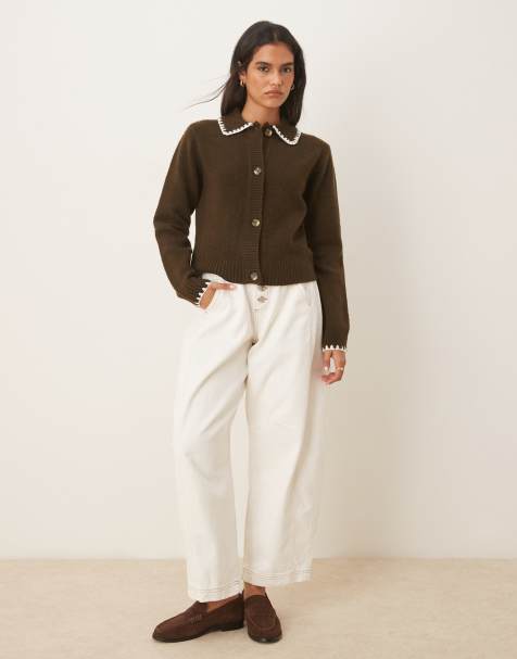 Threadbare cardigan with collar detail and contrast stitching in brown - view 1