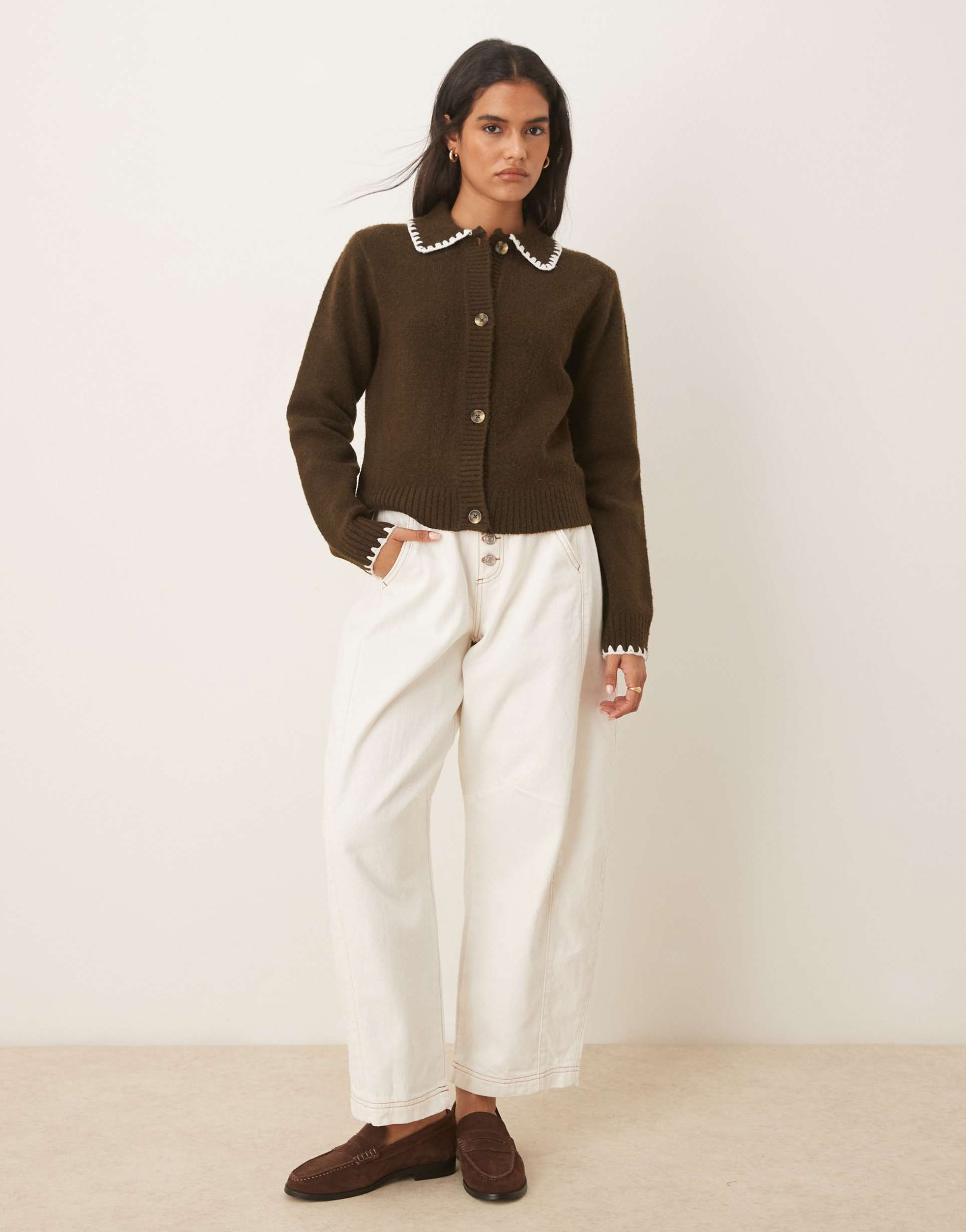 threadbare cardigan with collar detail and contrast stitching in brown