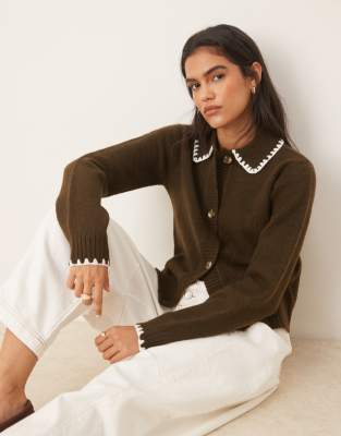 Threadbare Cardigan With Collar Detail And Contrast Stitching In Brown