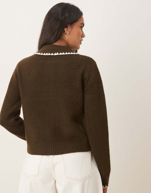 Threadbare cardigan with collar detail and contrast stitching in brown, 3 of 4