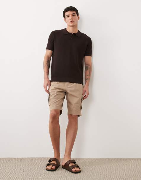 Threadbare cargo shorts in stone - view 1