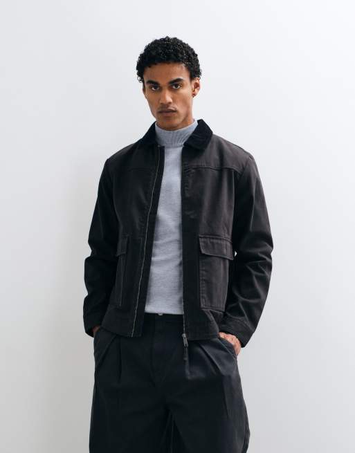 Threadbare carpenter jacket with contrast cord collar in black, 2 of 5