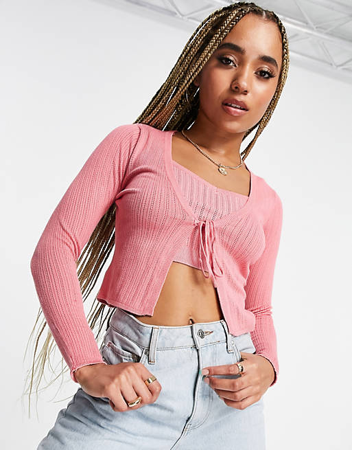 Threadbare Catherine pointelle cami top and cardigan set in pink