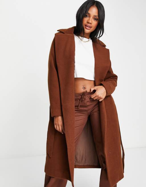 Threadbare Chai belted formal coat in chocolate brown | ASOS