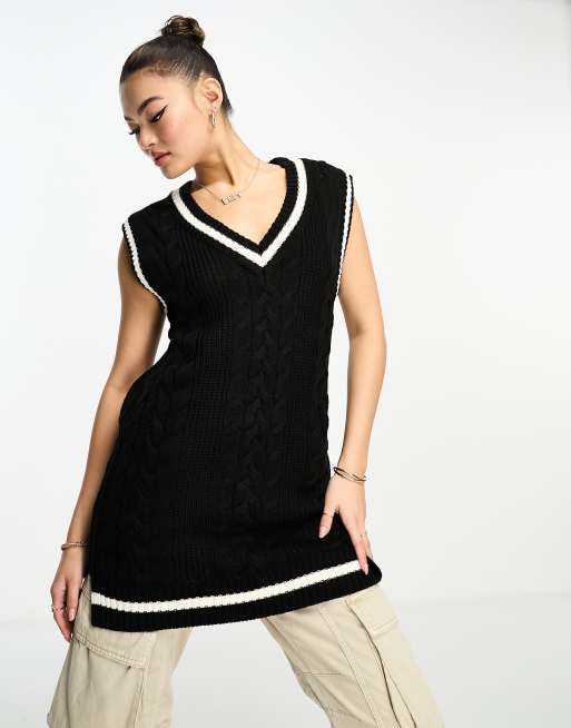 Threadbare Charlie cable knit vest in black