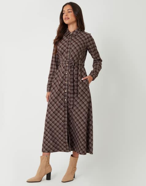 Threadbare Check belted midi shirt dress in chocolate - view 1