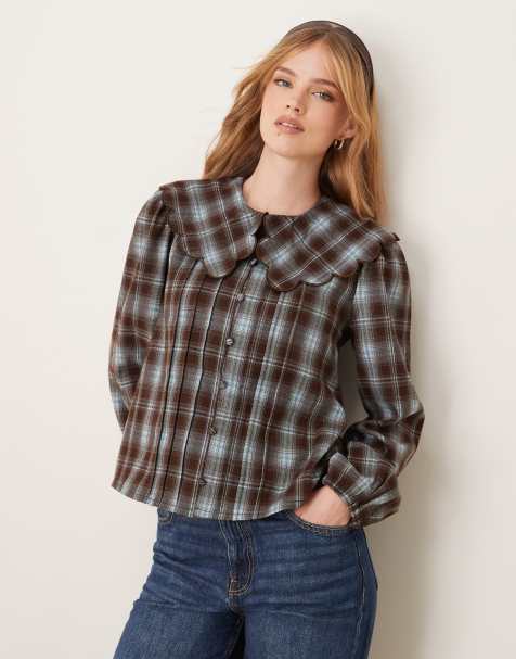 Threadbare check blouse with peter pan collar in blue - view 1