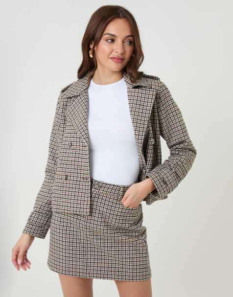 Threadbare Check co-ord wool content mini skirt in brown - view 1