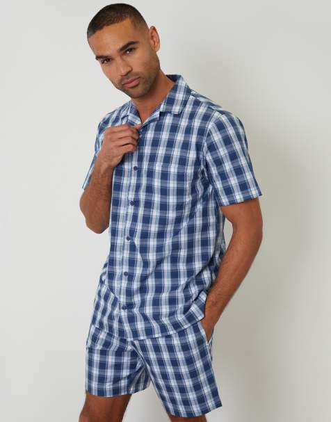Threadbare Check cotton short sleeve shirt & shorts pyjama set in blue - view 1