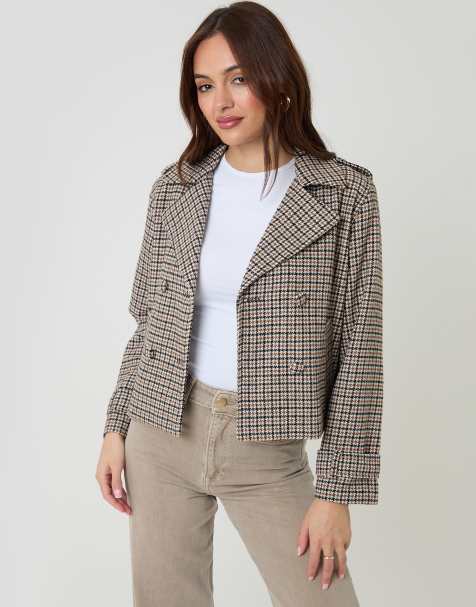 Threadbare Check faux wool cropped jacket in brown - view 1