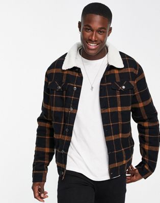 Threadbare check jacket with borg collar and lining in black - ASOS Price Checker