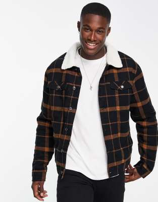 Threadbare check jacket with borg collar and lining in black - ASOS Price Checker