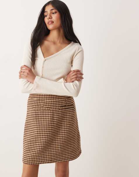 Threadbare check mini skirt with pocket detail in brown - view 1