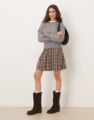 Threadbare Check Pleated Mini Skirt In Blue