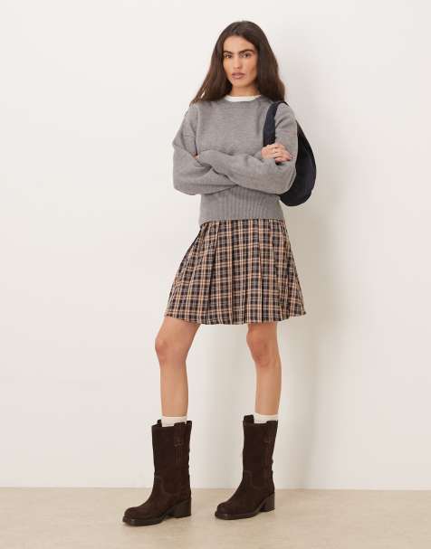 Threadbare check pleated mini skirt in navy and tan - view 1