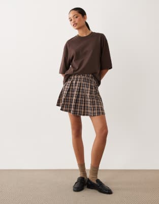 Threadbare Check Pleated Mini Skirt In Brown