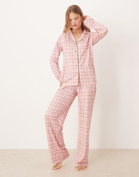 Threadbare check print long button through pajama set in pink and green - view 1