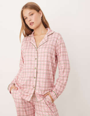 Threadbare Check Print Long Button Through Pajama Set In Pink