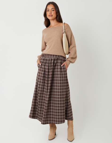 Threadbare Check pull on midaxi skirt in chocolate