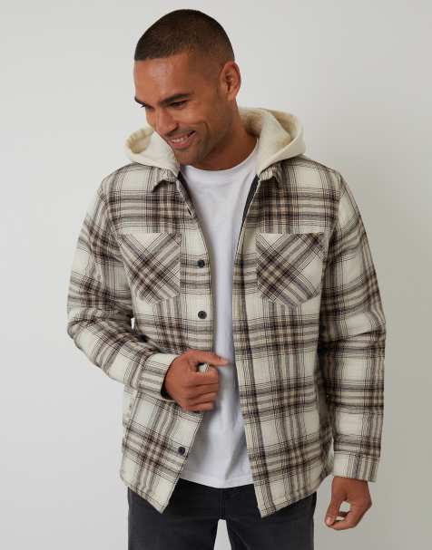 Threadbare Check quilted shacket with borg lined hood in cream - view 1