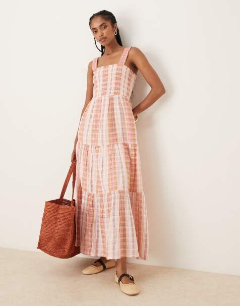 Threadbare Check shirred guaze tiered midi dress in pink - view 1